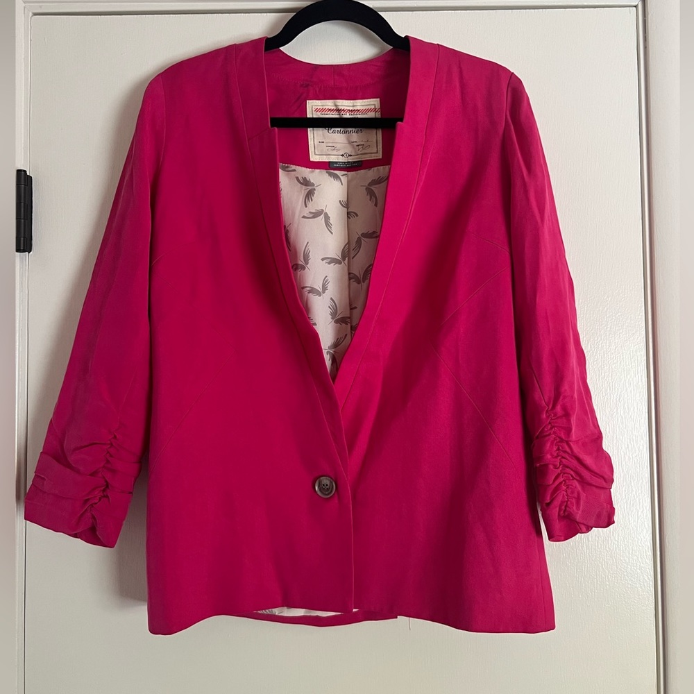 Cartonnier Anthropologie Hot Pink Blazer Ruched Sleeves Elevated Casual Preppy
